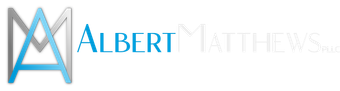 The logo for albert matthews is blue and white