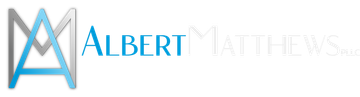 The logo for albert matthews is blue and white