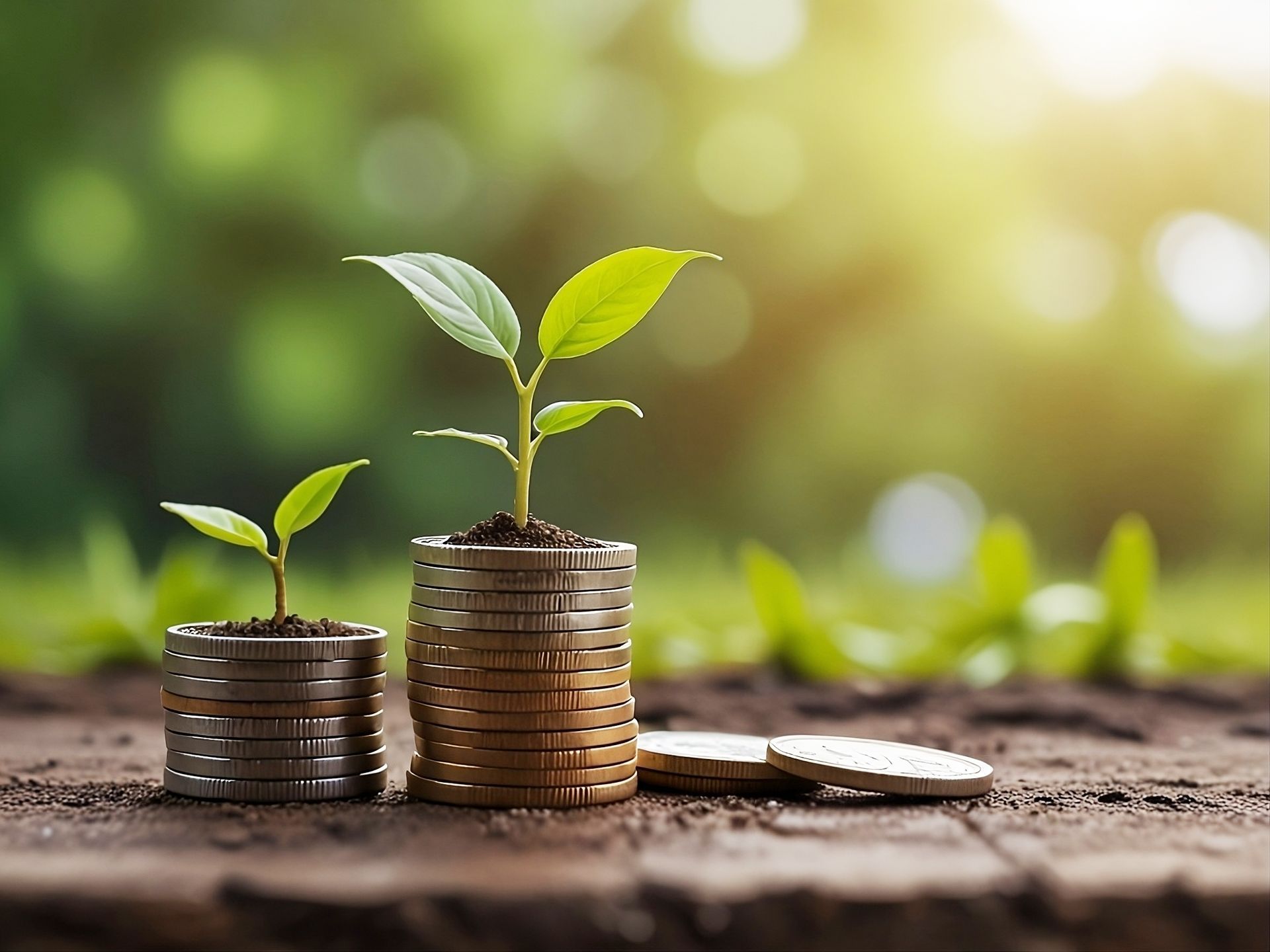 Green seedlings growing from stacked coins on soil with a blurred sunny background