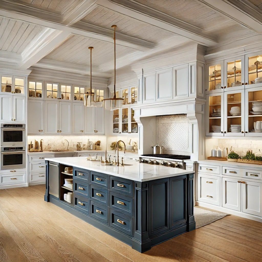 A remoedlled kitchen with white cabinets and a large blue island