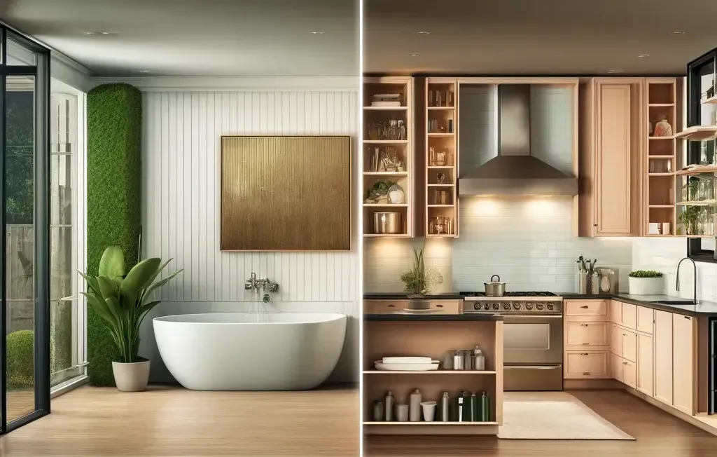 A bathroom and a kitchen are shown side by side.