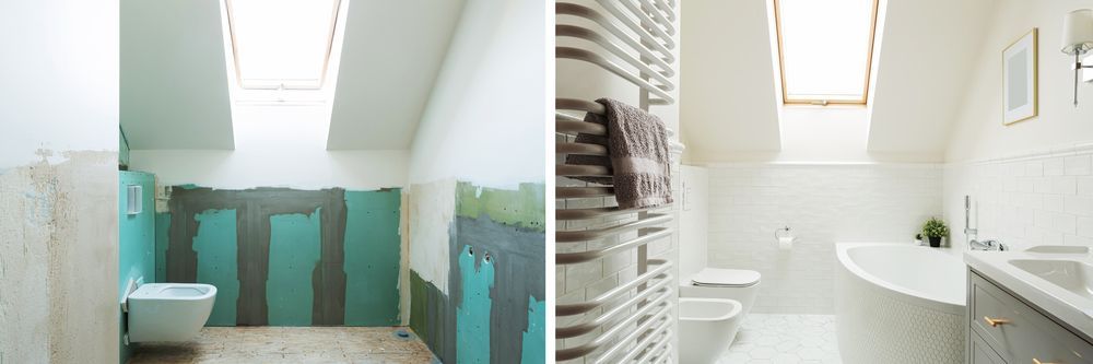 A before and after picture of a bathroom with a skylight.
