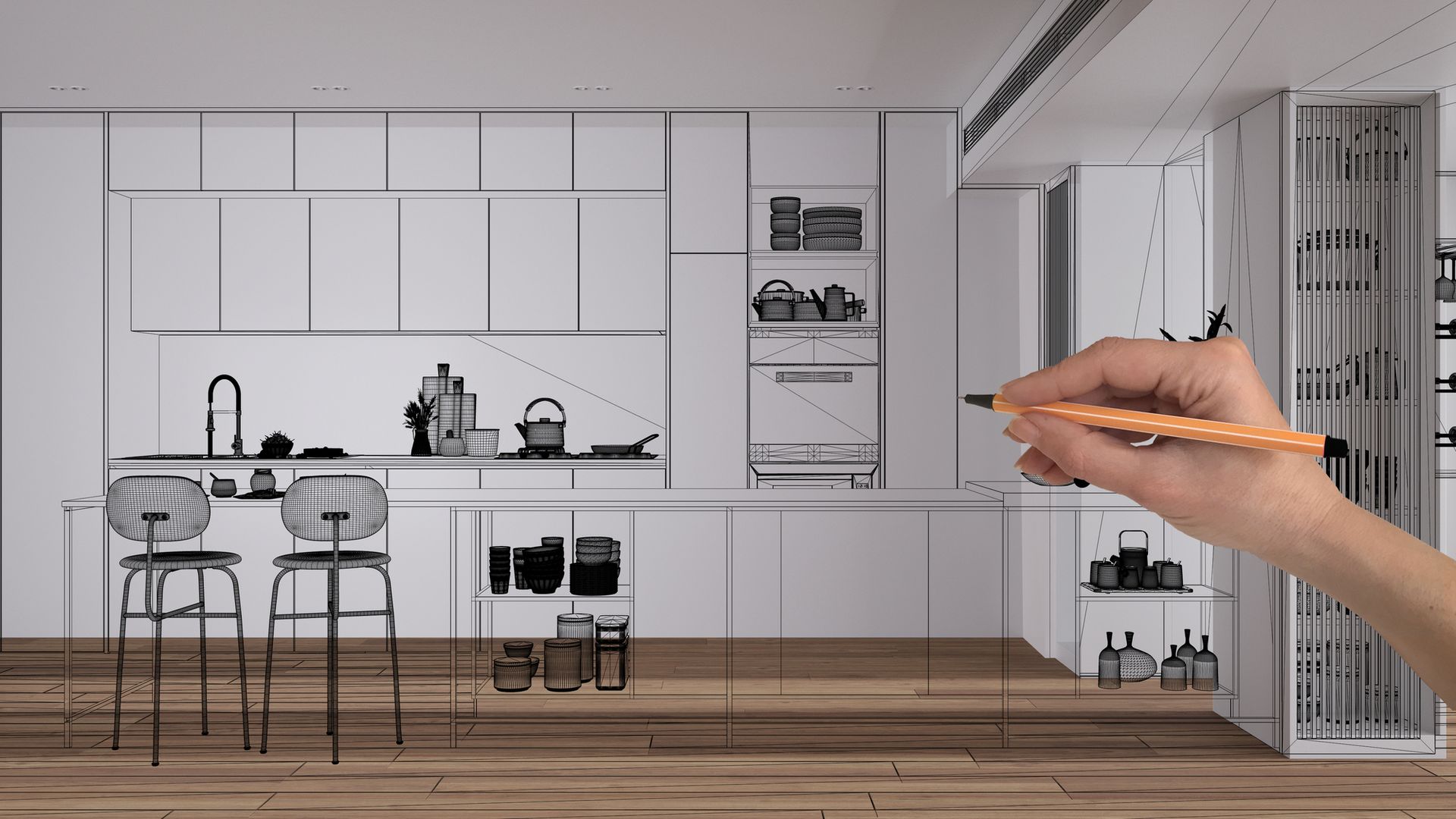 A person is drawing a kitchen with a pencil.