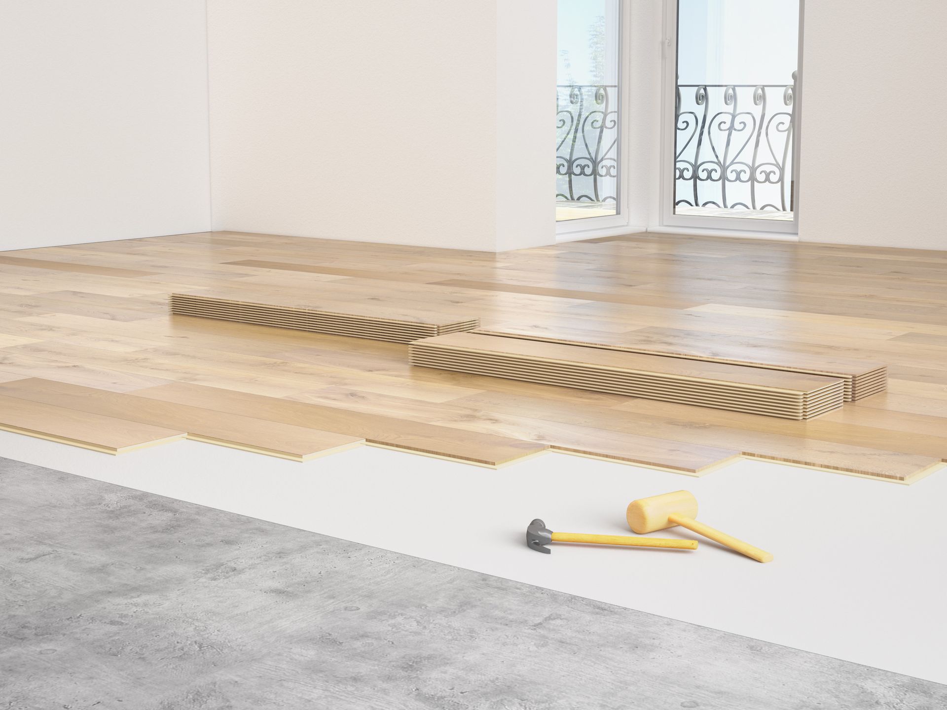 A room with a wooden floor and a hammer on the floor.