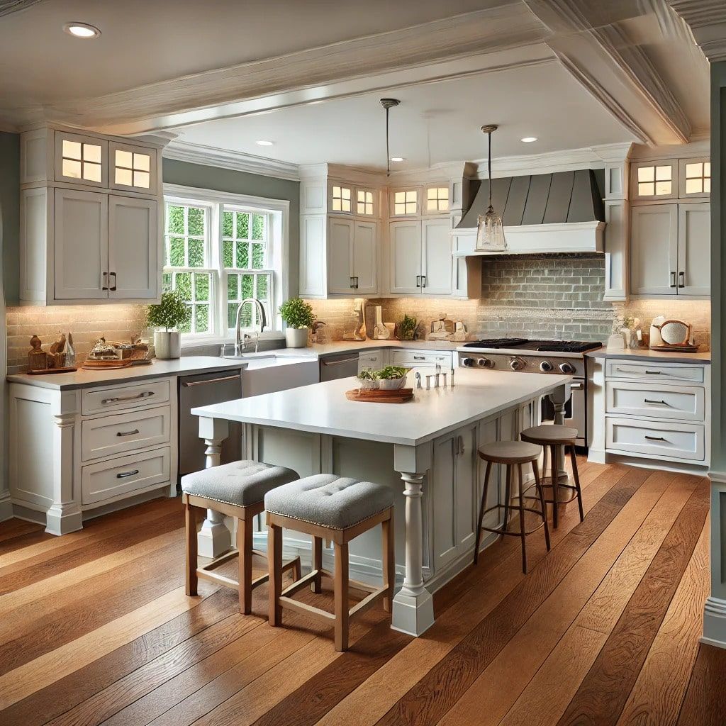 A kitchen with a large island and stools in Fairfax County Va
