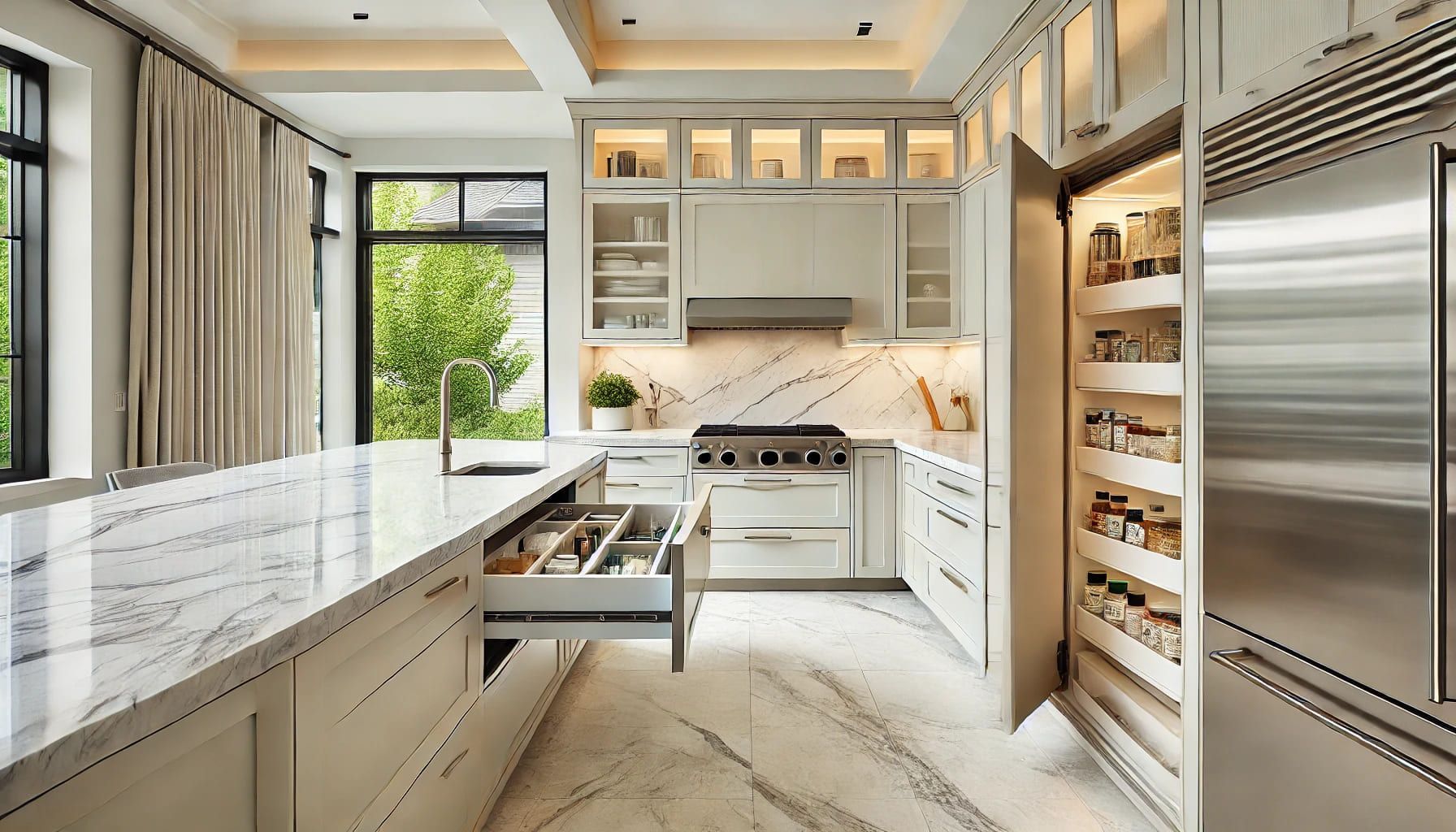 A kitchen with stainless steel appliances and white cabinets. in Fairfax County,VA
