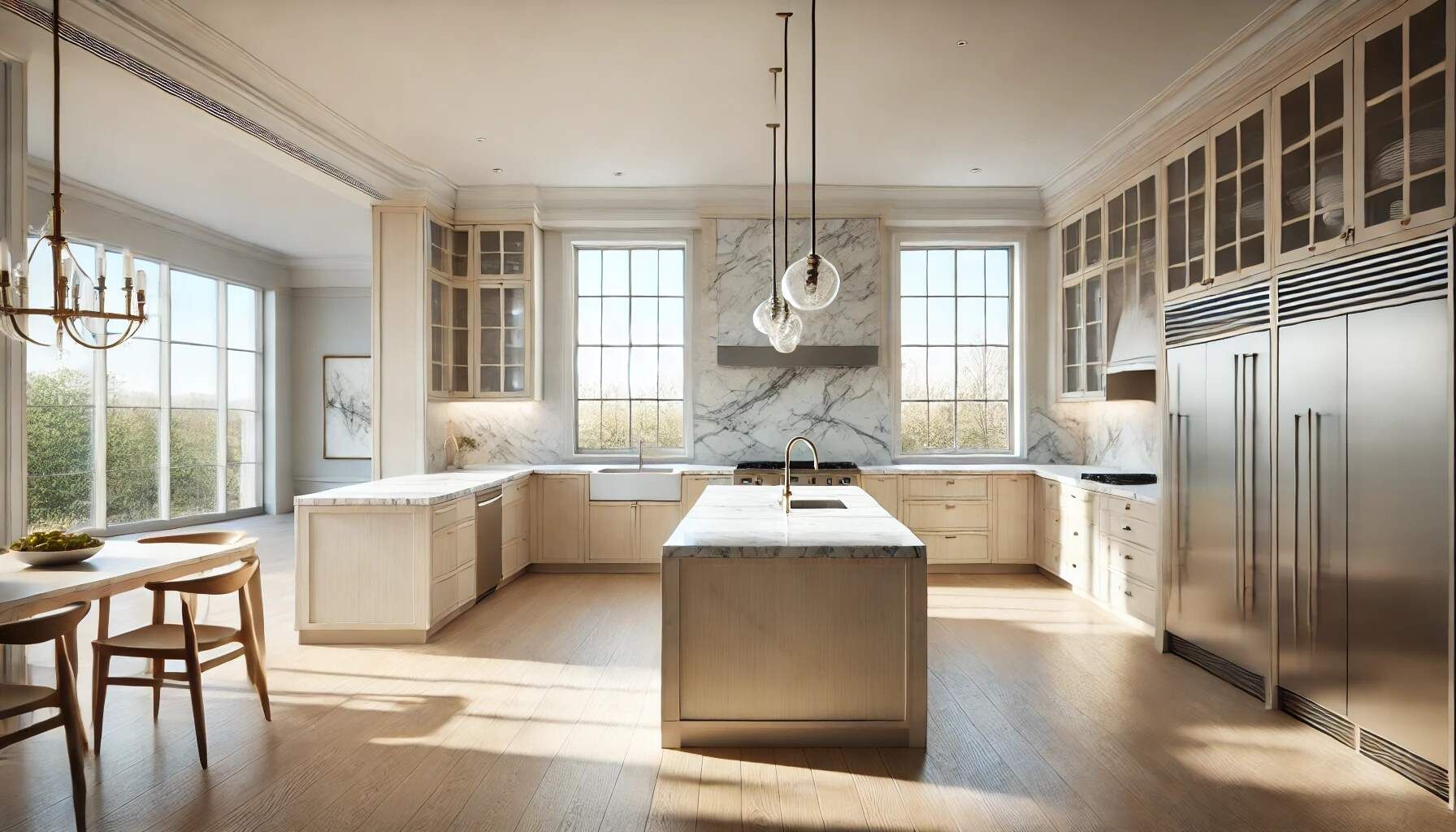 A large remodelled kitchen with a large island in the middle and stainless steel appliances.
