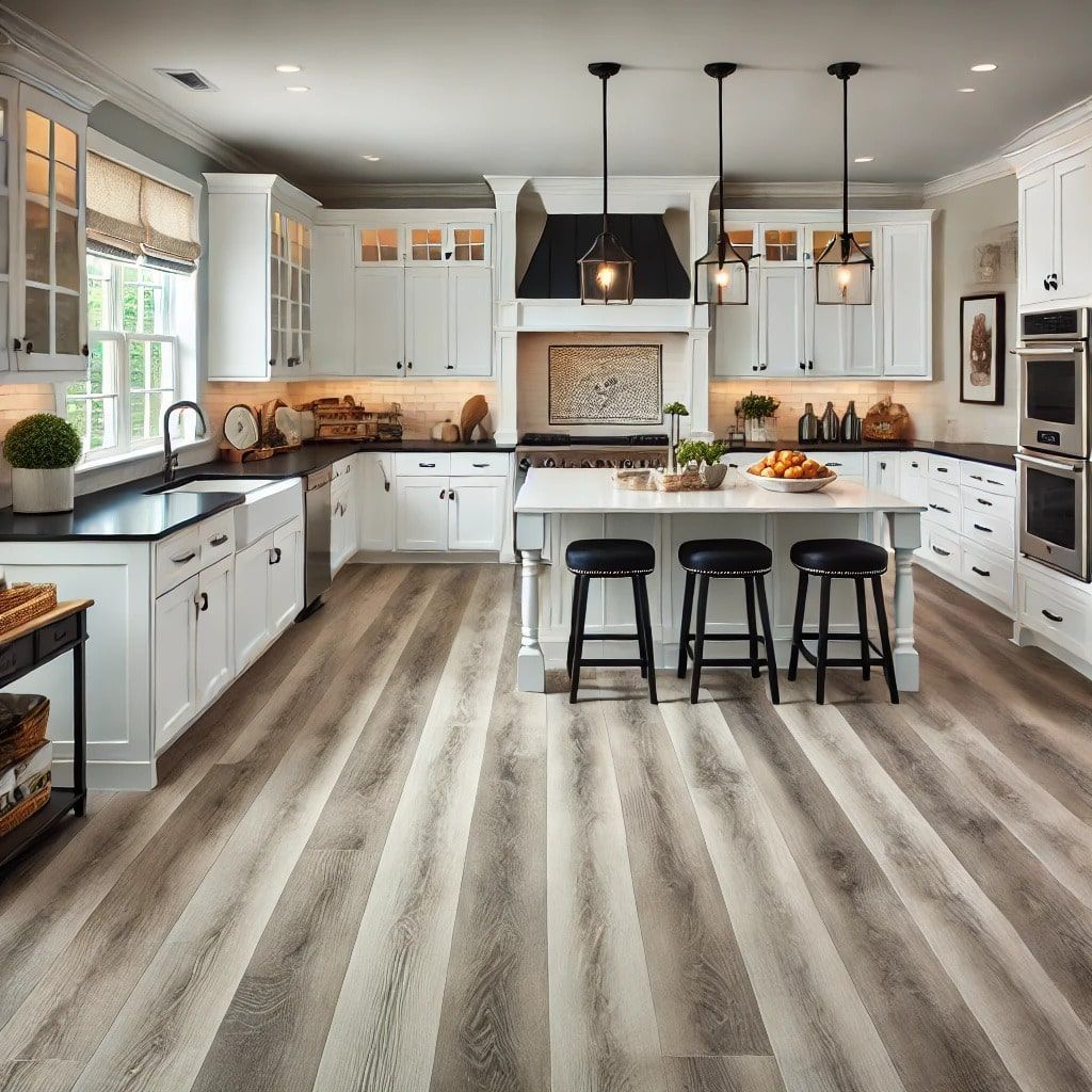 A kitchen with white cabinets and a large island in the middle in NoVA
