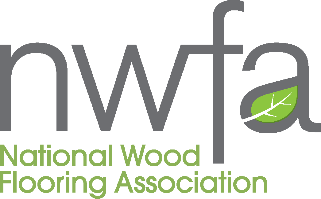 The logo for the national wood flooring association has a green leaf on it.