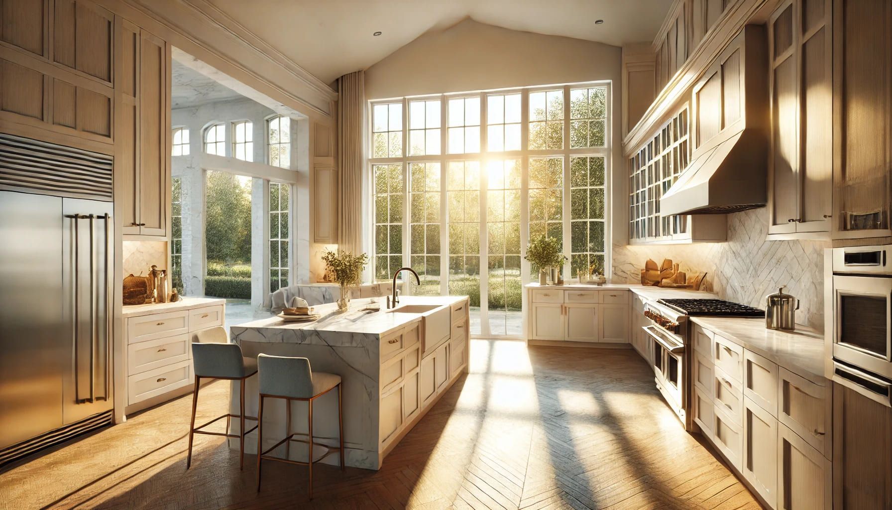 A kitchen with a large island and lots of windows