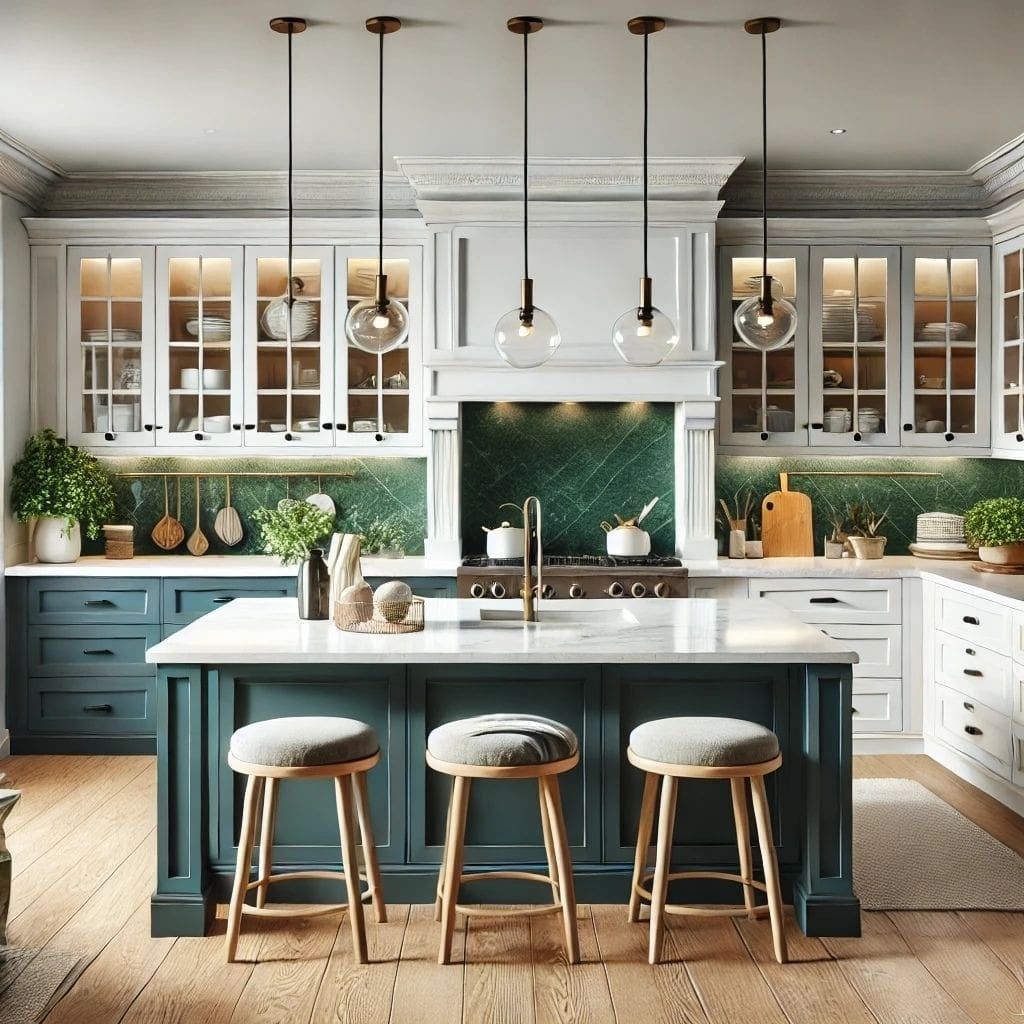 A remodeled kitchen with a large island and stools located in Vienna VA