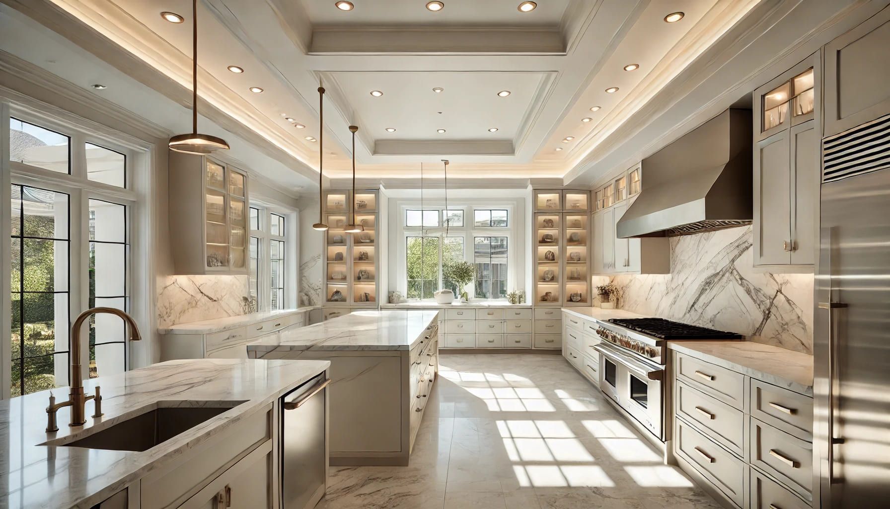 A large kitchen with white cabinets and stainless steel appliances in NoVA
