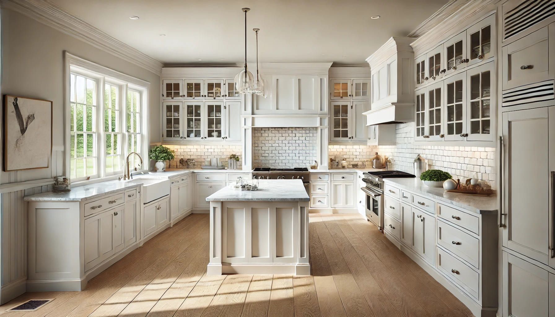 A kitchen with white cabinets and a large island in the middle in NoVA