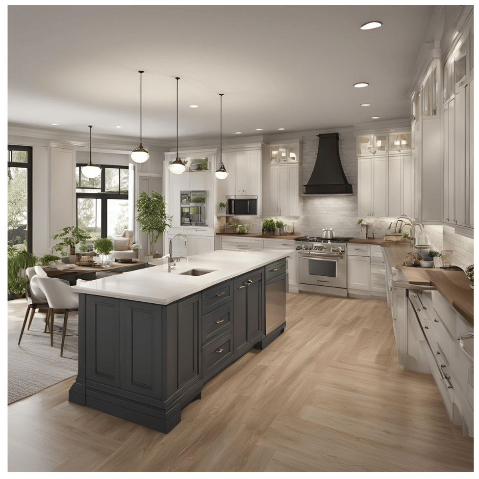 A kitchen with a large island and white cabinets in a home inf Vienna VA