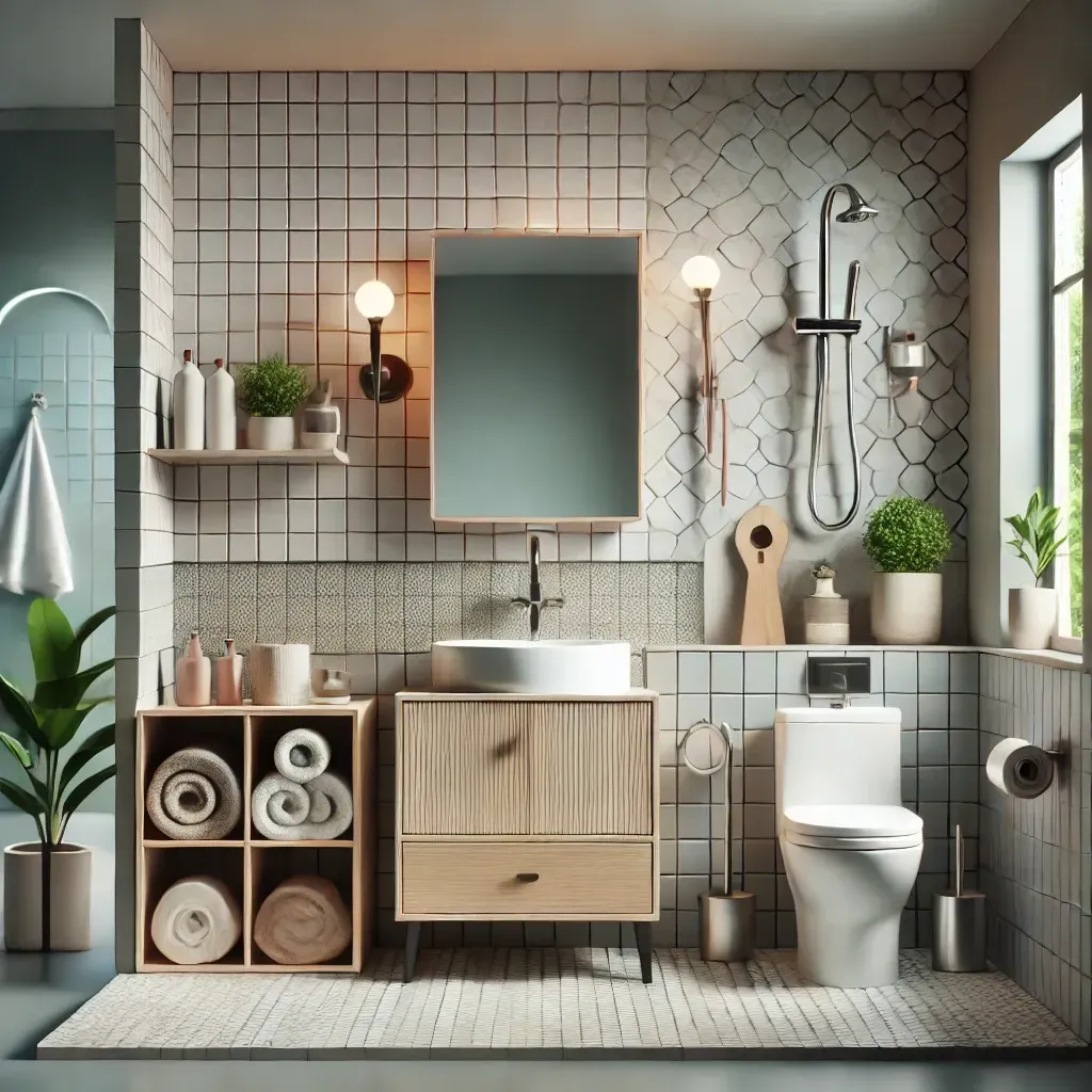 A bathroom with a toilet a sink and a mirror