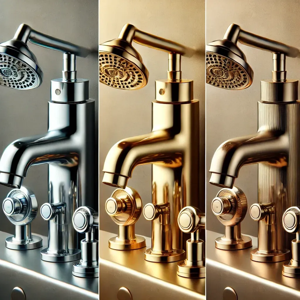 Three different colored faucets are sitting on a counter.