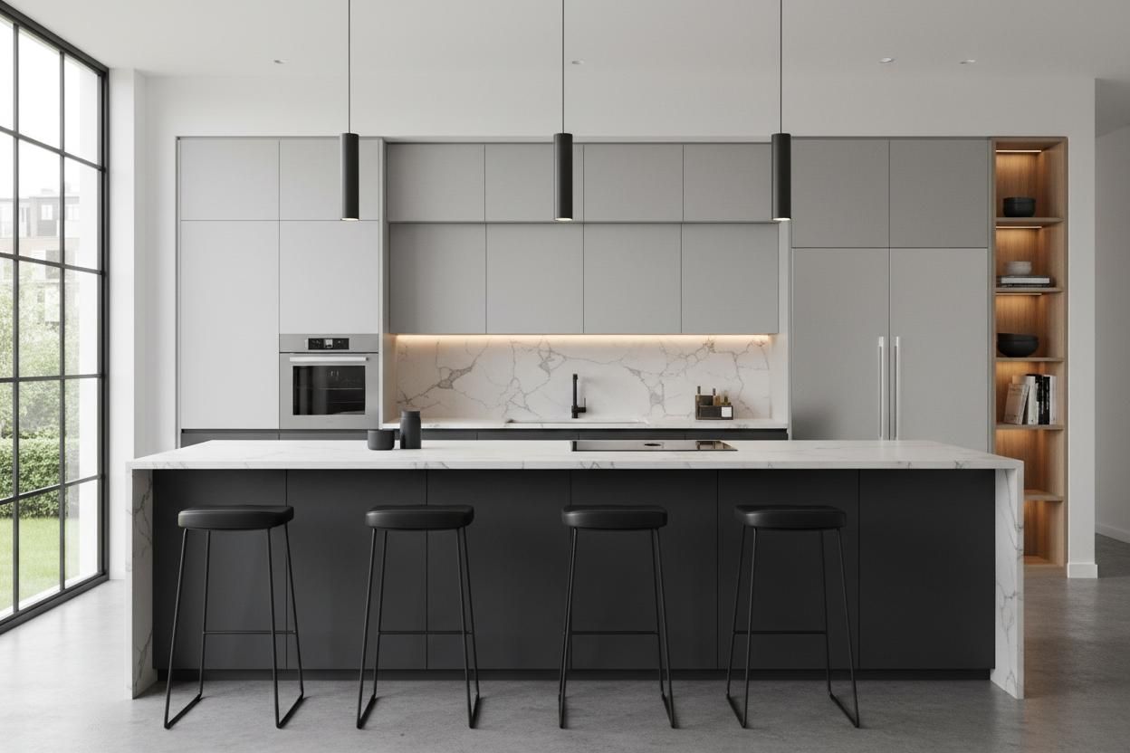 A kitchen with a stove and a cutting board with peppers on it.