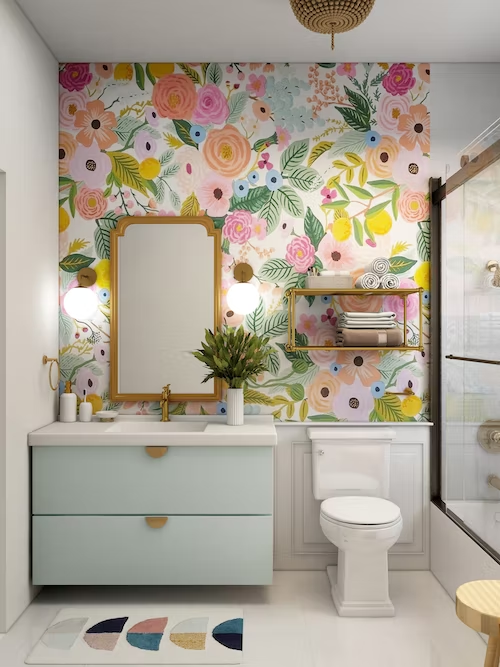 A bathroom with a floral wallpaper on the wall