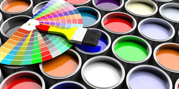 A paint brush is sitting on top of a color wheel surrounded by paint cans.