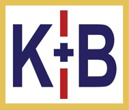 A logo for a company called k + b with a cross in the middle.