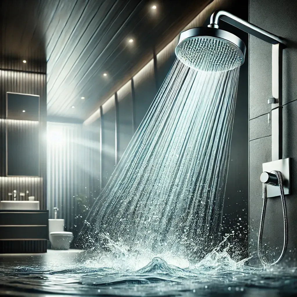 A shower head is spraying water in a bathroom