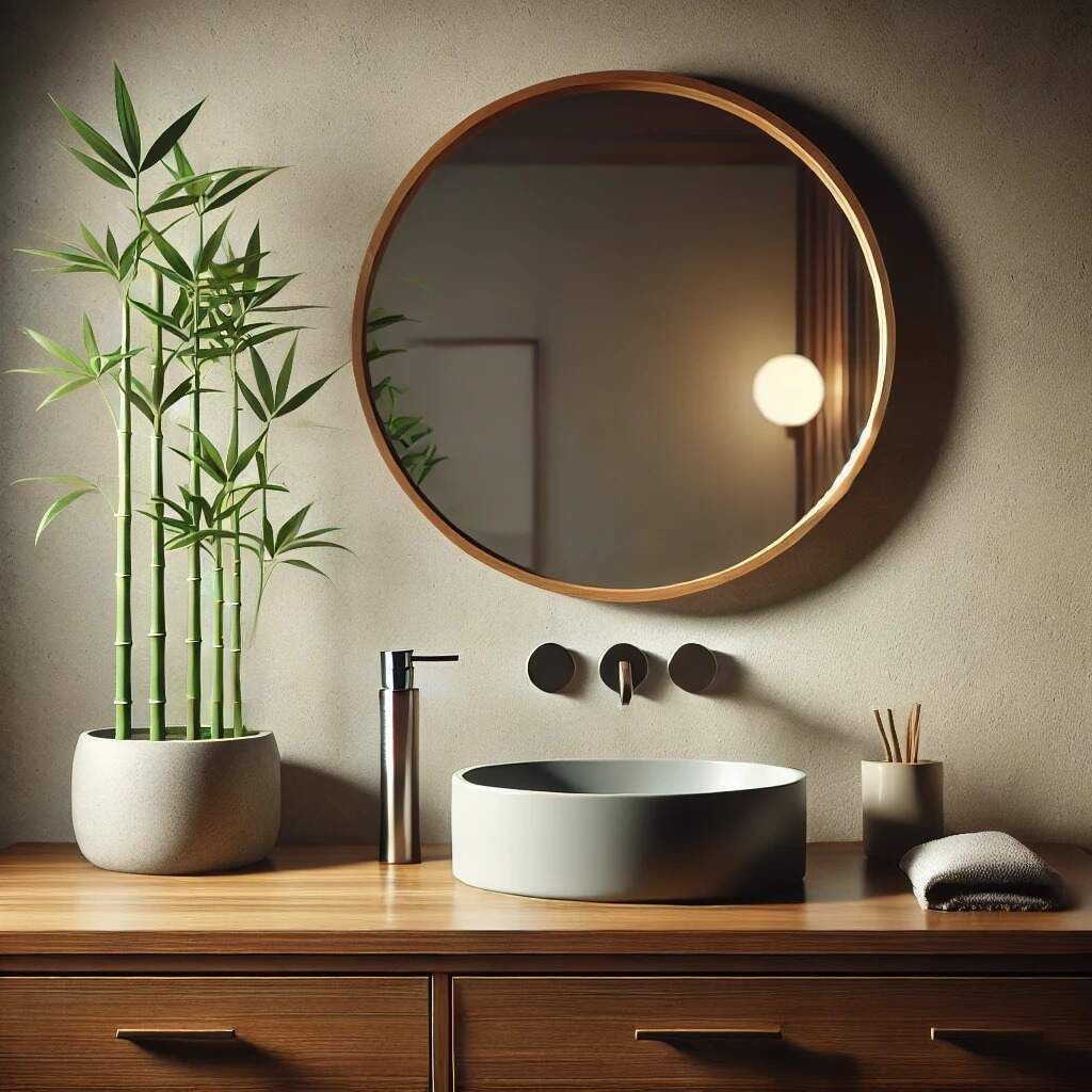 A bathroom with a sink and a round mirror
