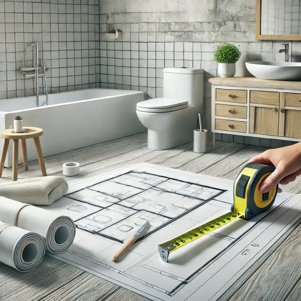 A person is measuring a bathroom with a tape measure.
