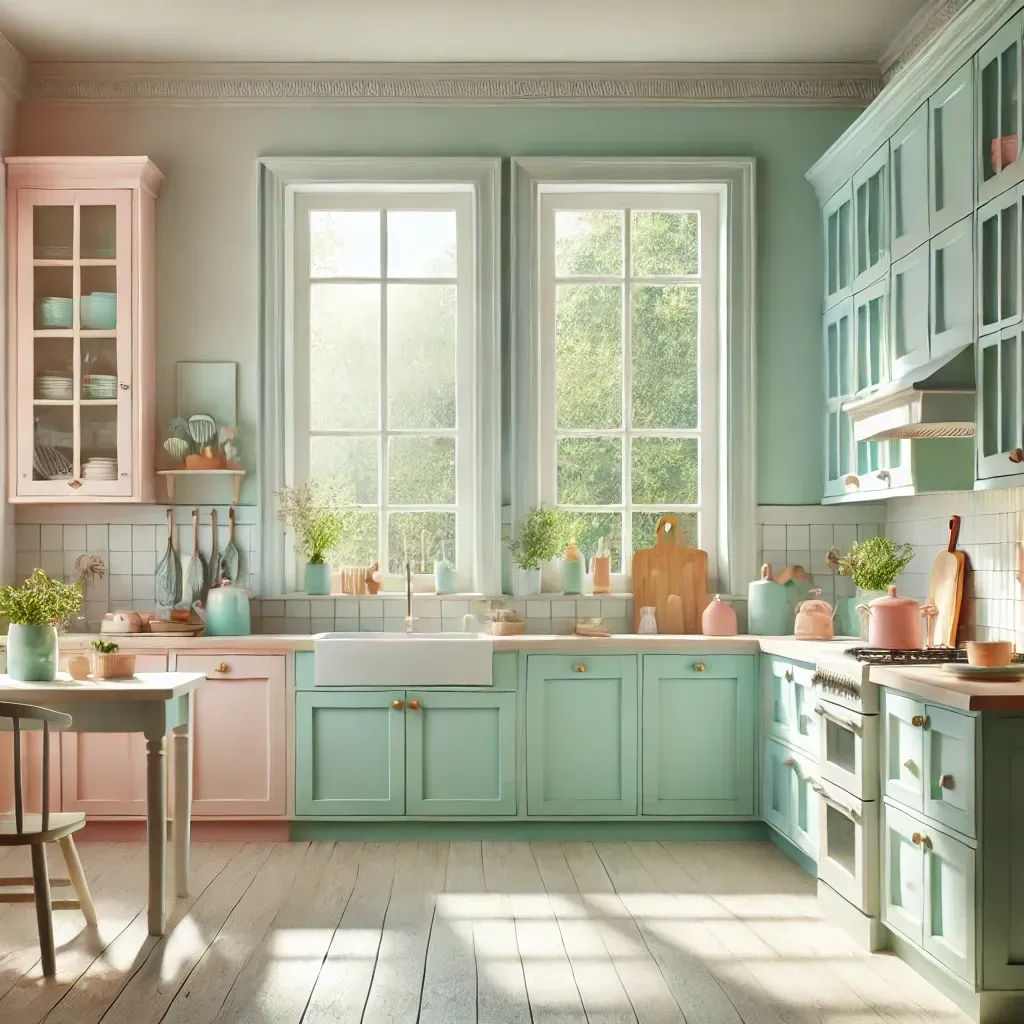 A kitchen with green cabinets and pink cabinets and a sink.