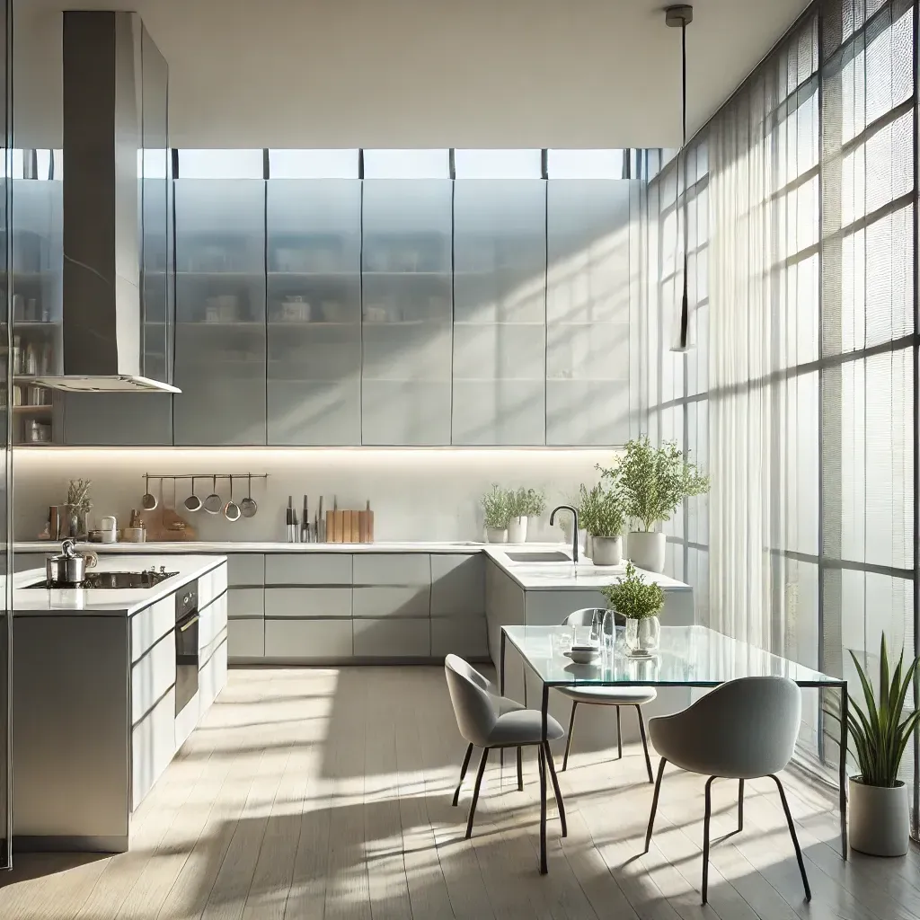A kitchen with a table and chairs and a lot of windows.