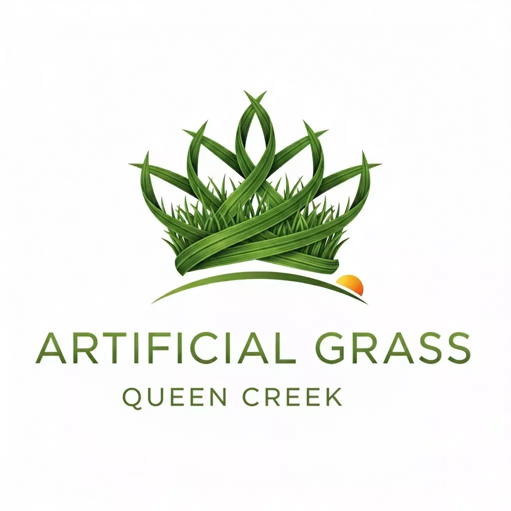 Logo for Artificial Grass Queen Creek featuring a grass crown in green with an orange sun.