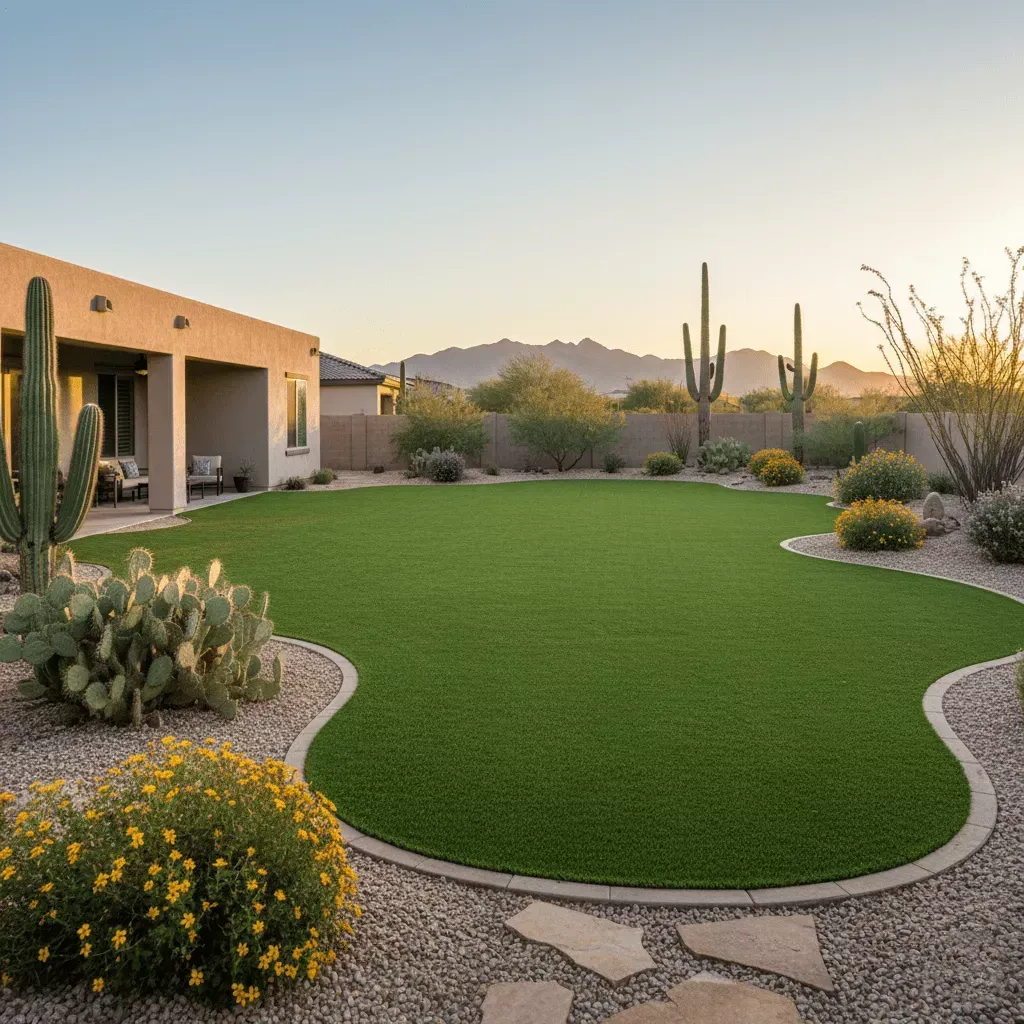Professional artificial grass installation in Queen Creek backyard with Arizona landscape
