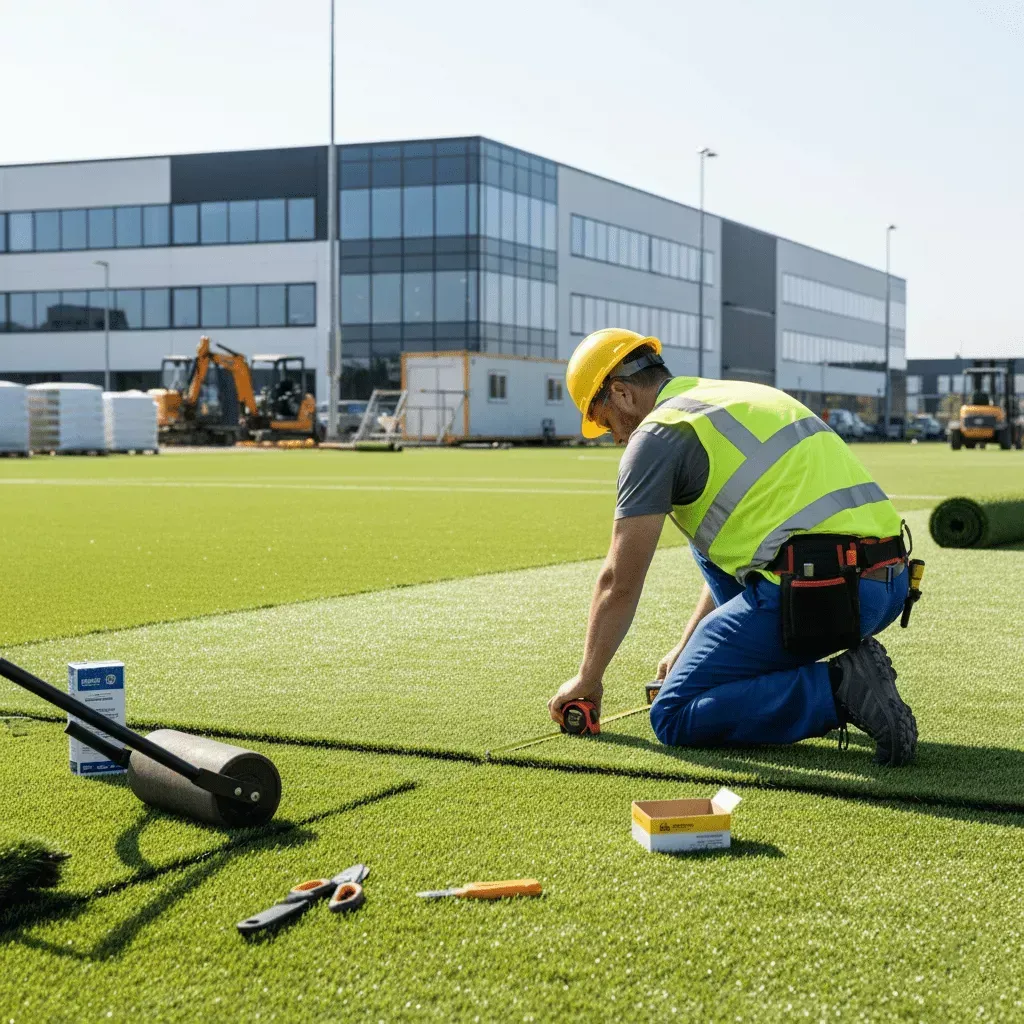 Commercial turf installer measuring artificial grass for Queen Creek business property installation