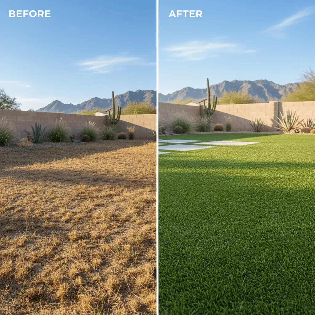 Before and after artificial grass installation Queen Creek AZ