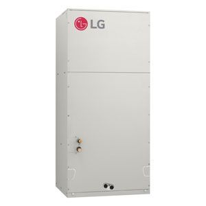 Three lg air conditioners and two remotes on a white background