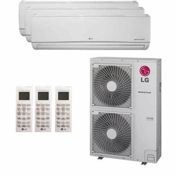 Three lg air conditioners and two remotes on a white background