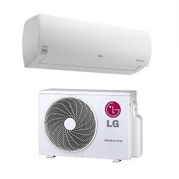 A white lg air conditioner is sitting on a white surface.