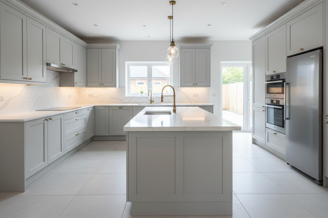 Modern gray kitchen with island, white countertops, stainless steel appliances, and tiled floor.