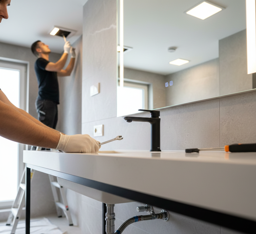 Bathroom with dual sinks, mirrors, and open shelving holding towels and toiletries; dark gray decor.