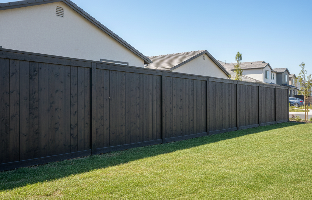 Dark gray wooden fence in a sunny backyard with green grass and houses in the background.