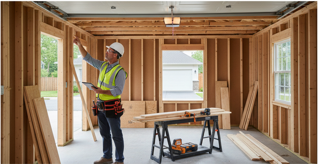 Man in hardhat and vest measures framing inside a garage under construction.