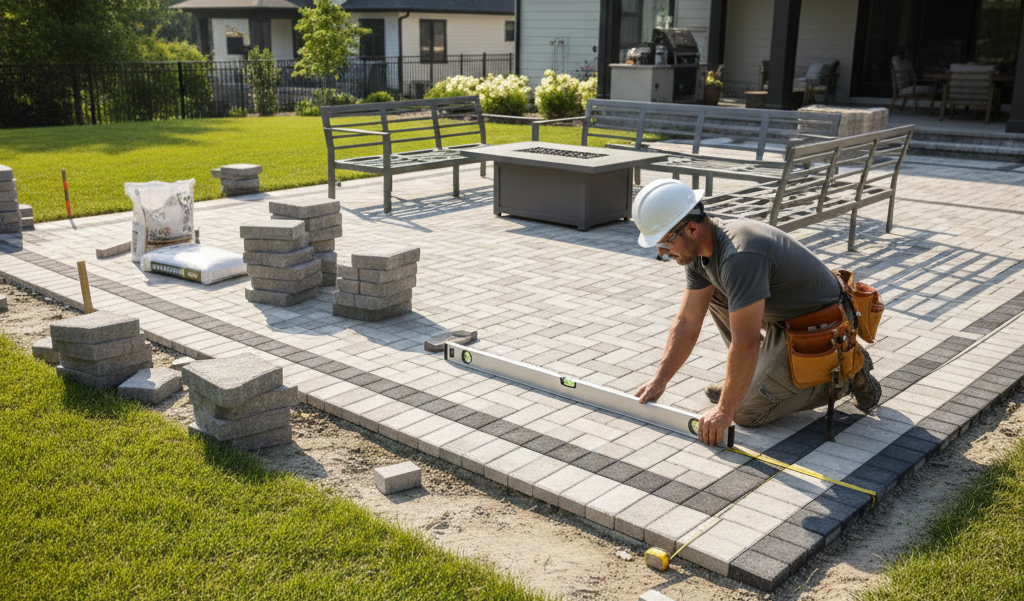 Construction worker using a level to install paving stones for a patio in a backyard.