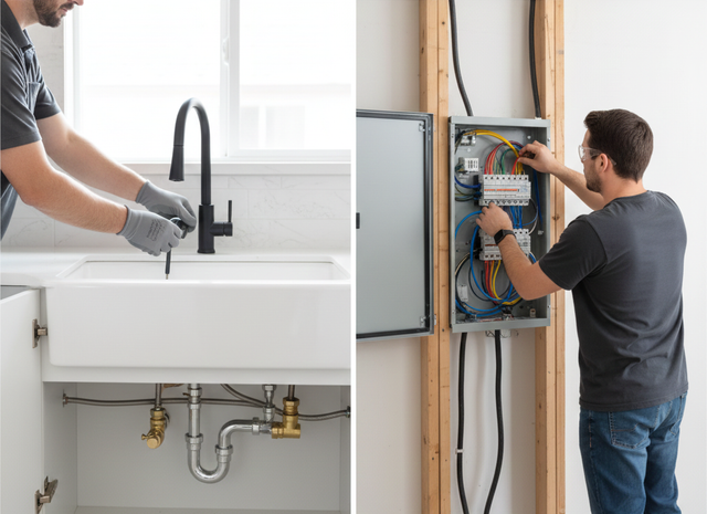 Plumber installing faucet and an electrician working on a circuit breaker box.
