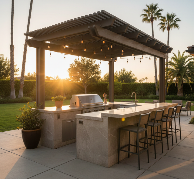 Outdoor kitchen with grill, sink, and bar seating under a wooden pergola, with the sun setting in the background.