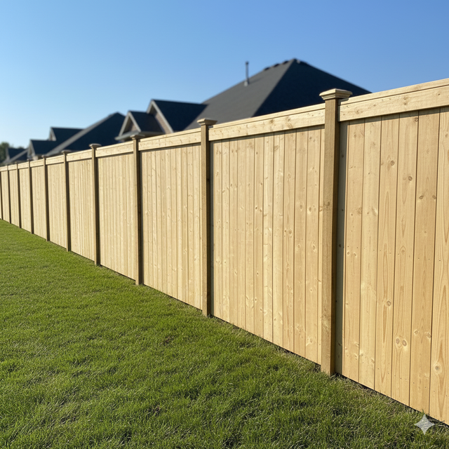 Wooden fence along a grassy lawn, with houses visible in the background against a blue sky.
