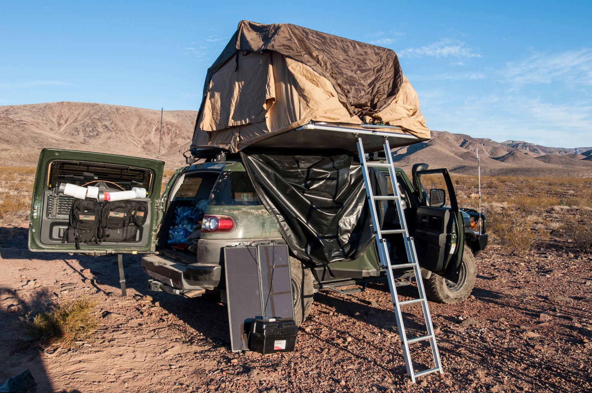 An overlanding rig in the Mojave Desert