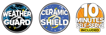 icons for weather guard, ceramic shield and 10 minutes self-serve included