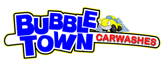 BubbleTown car wash logo with a yellow car
