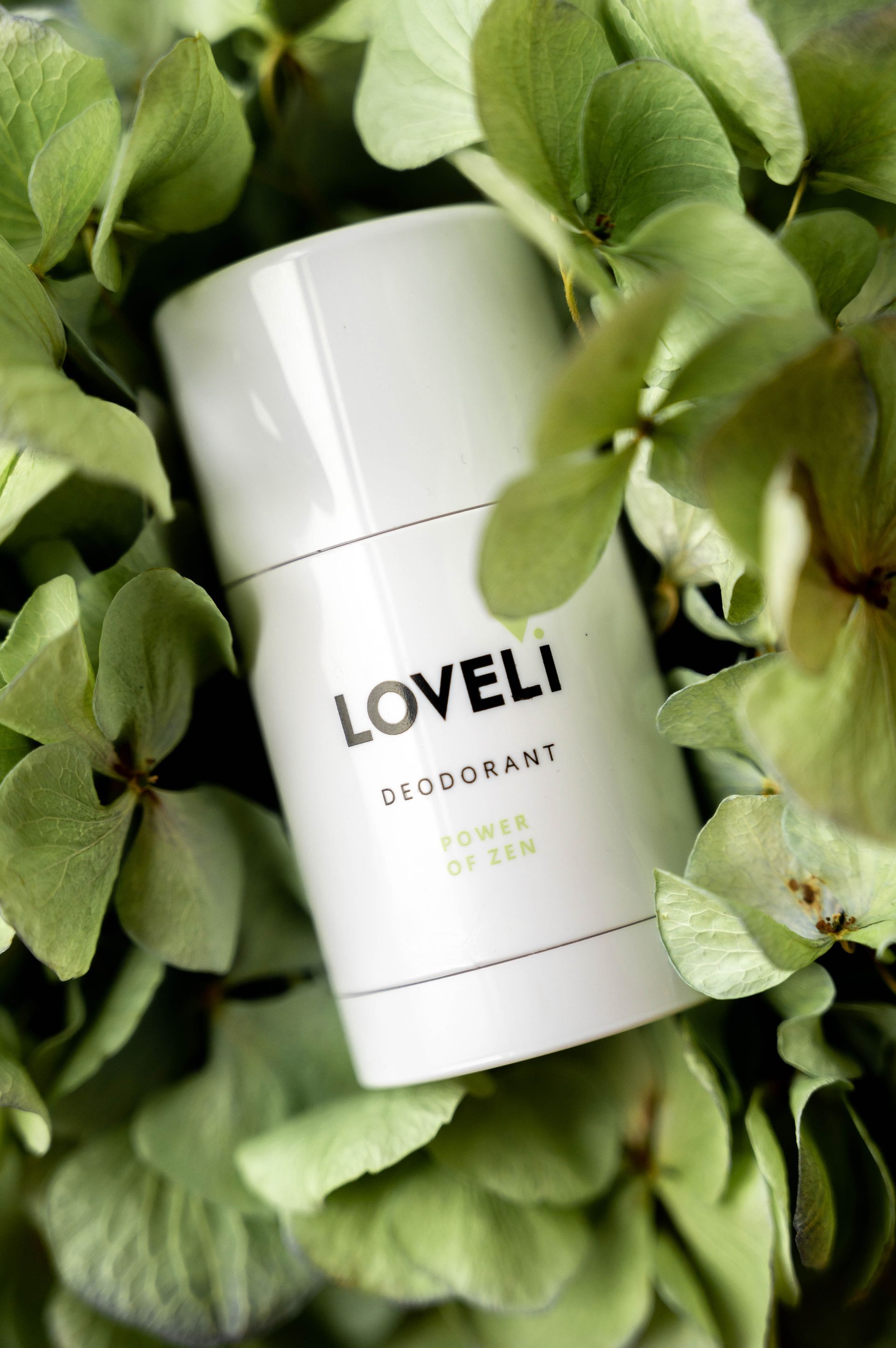 Een witte fles deodorant is omgeven door groene bladeren.