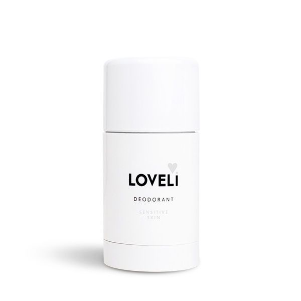 Een witte fles loveli deodorant op een witte achtergrond.