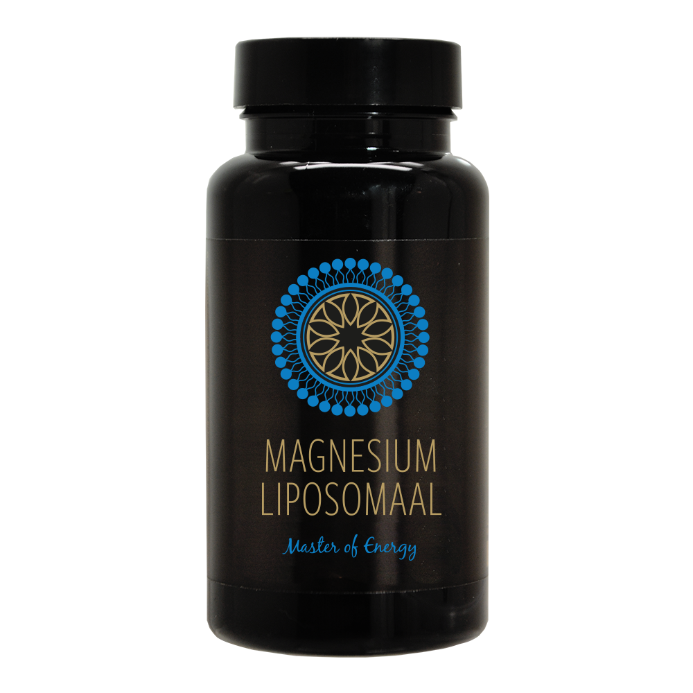 Een flesje magnesium liposomaal met een blauwe cirkel op het etiket